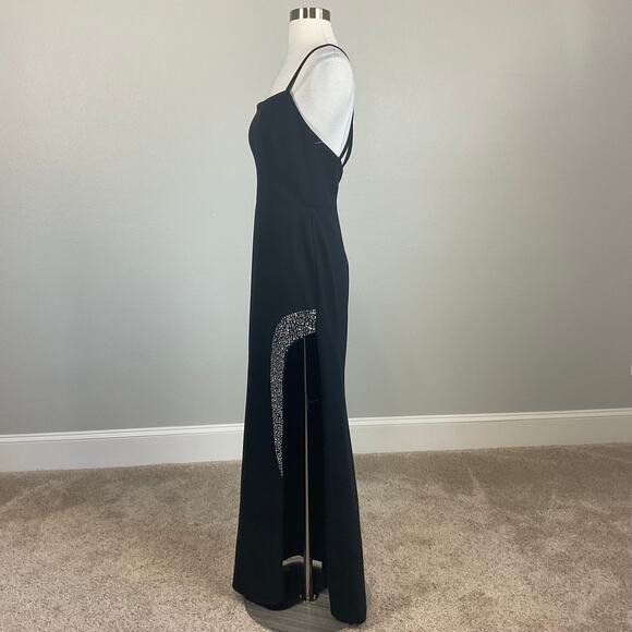 Black Beaded Backless Long Evening Gown Size 10 Nightway Sleeveless Thigh Slit - Picture 4 of 13
